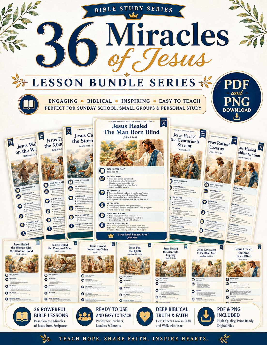 36 Miracles of Jesus Bundle Series, Bible Study Printable, Christian Lesson Posters, Sunday School (PDF and PNG Digital Download)