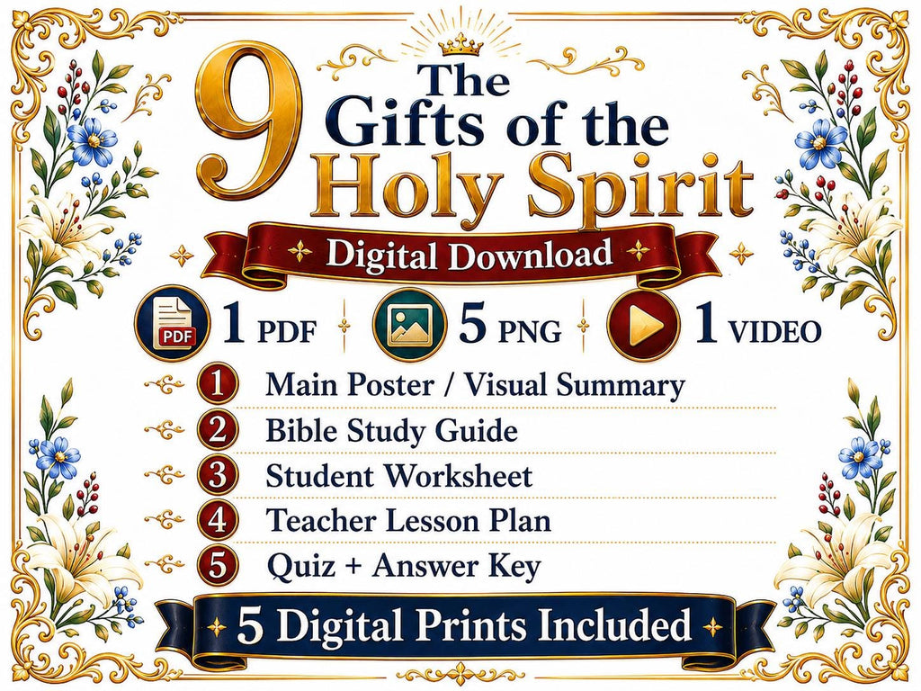 Nine Gifts of the Holy Spirit Bible Study Bundle, Spiritual Gifts Poster, Worksheet, Teacher Lesson, Study Guide, Quiz, (PDF PNG MP4)