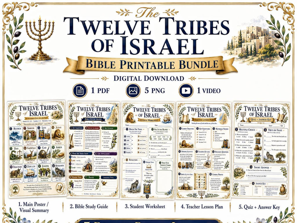 Twelve Tribes of Israel Bible Study Bundle, 12 Tribes Poster, Worksheet, Teacher Lesson, Study Guide, Quiz, (PDF PNG MP4 Download)