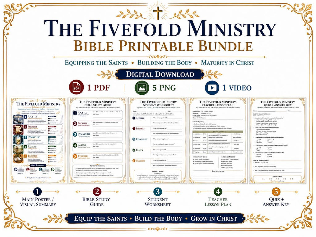 The Fivefold Ministry Bible Study Bundle, Apostle Prophet Evangelist Pastor Teacher Poster, Worksheet, Lesson Guide, Quiz, (PDF PNG MP4)