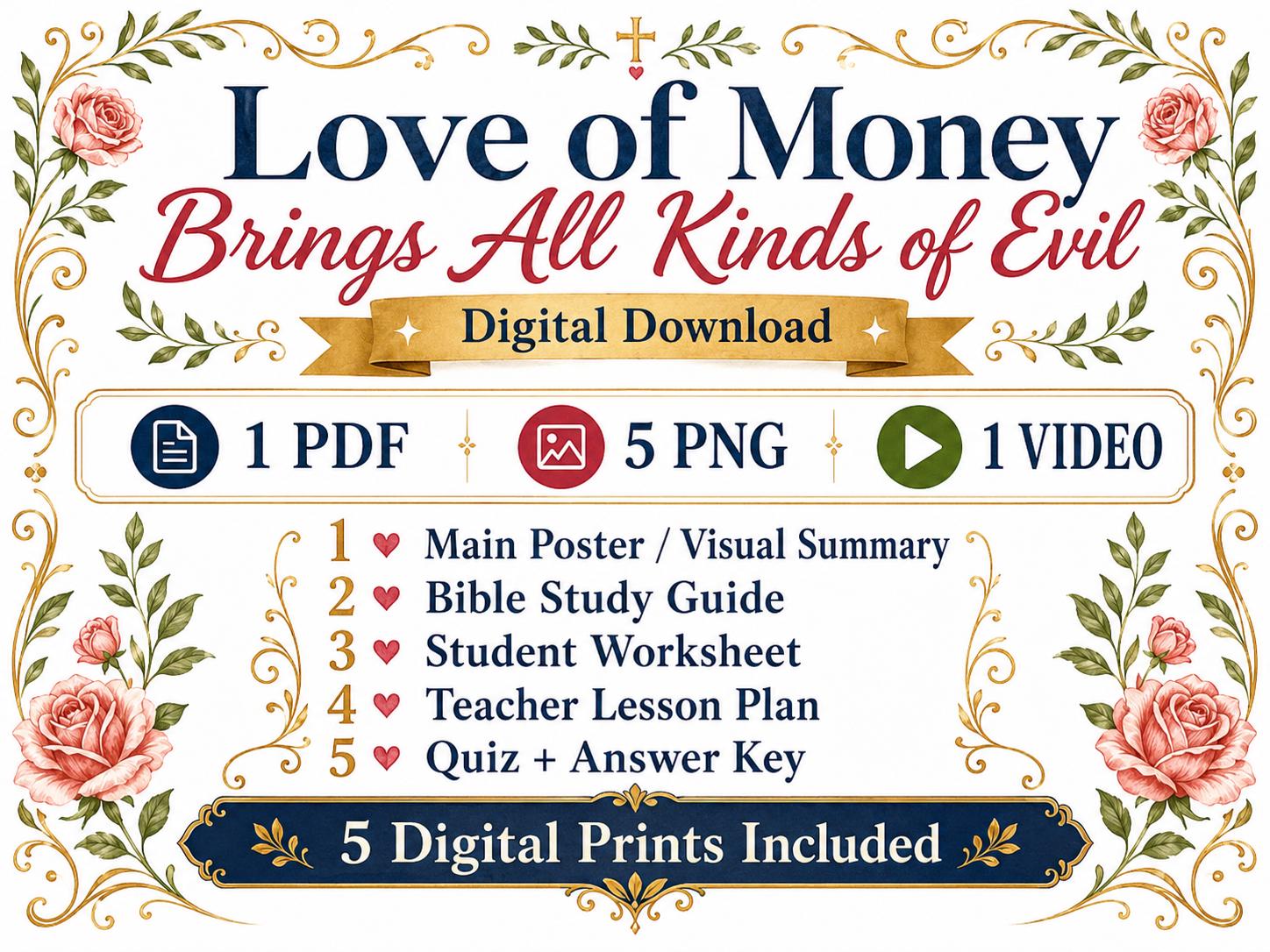 Love of Money Bible Study Bundle, Biblical Truth Poster, Student Worksheet, Teacher Lesson Plan, Quiz, Christian Printable (PDF PNG MP4)