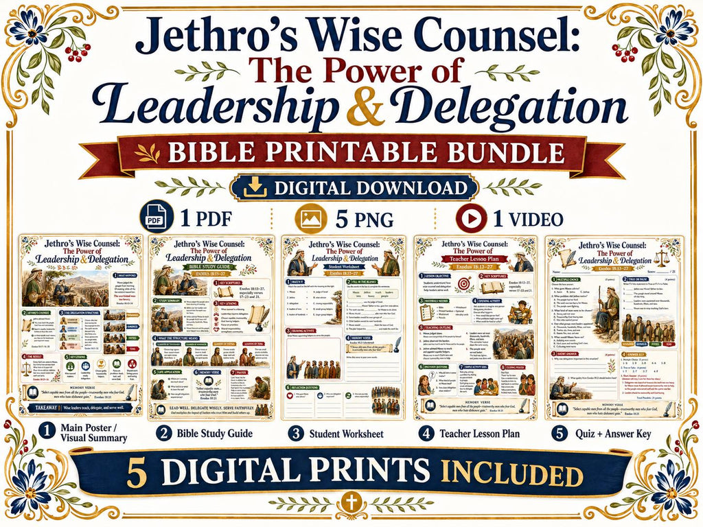 Jethro’s Wise Counsel Bible Study Bundle, Leadership and Delegation Poster, Worksheet, Teacher Lesson, Guide, Quiz, PDF PNG MP4