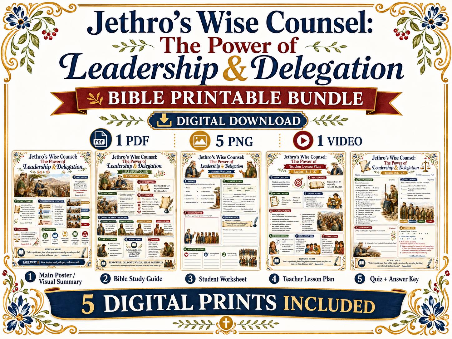 Jethro’s Wise Counsel Bible Study Bundle, Leadership and Delegation Poster, Worksheet, Teacher Lesson, Guide, Quiz, PDF PNG MP4