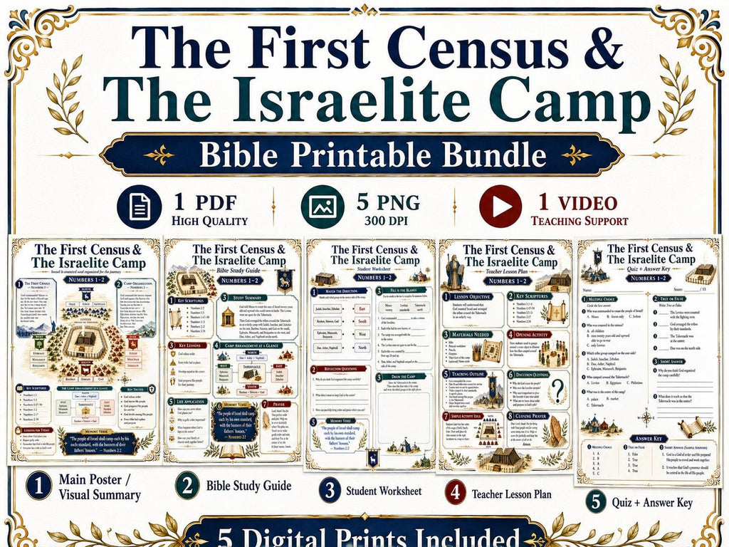 The First Census and Israelite Camp Bible Study Bundle, Numbers 1–2 Poster, Worksheet, Teacher Lesson, Guide, Quiz, (PDF PNG MP4 Download)
