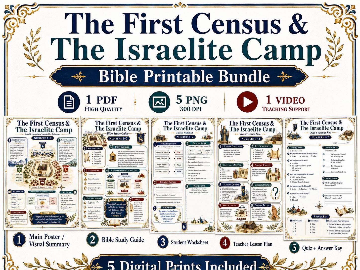 The First Census and Israelite Camp Bible Study Bundle, Numbers 1–2 Poster, Worksheet, Teacher Lesson, Guide, Quiz, (PDF PNG MP4 Download)