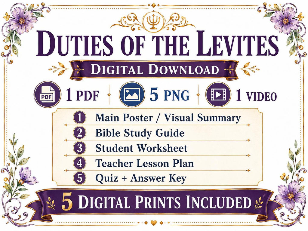 Duties of the Levites Bible Study Bundle, Numbers 3–4 Poster, Worksheet, Teacher Lesson, Guide, Quiz, (PDF PNG MP4 Downloads)