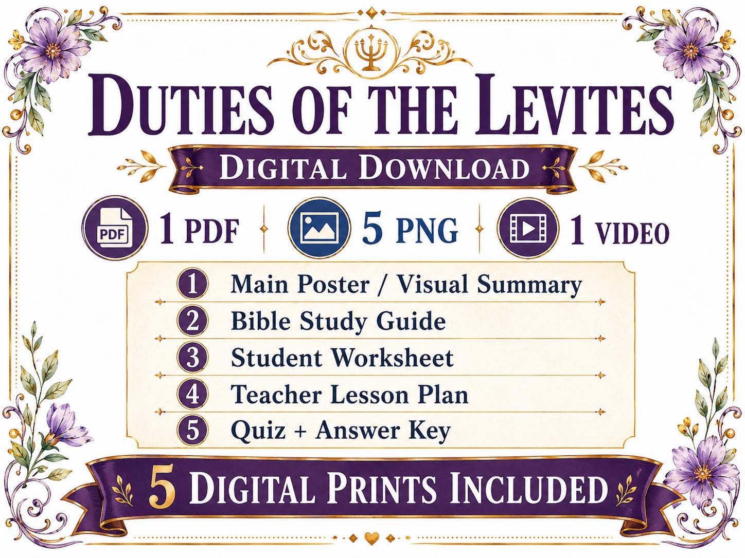 Duties of the Levites Bible Study Bundle, Numbers 3–4 Poster, Worksheet, Teacher Lesson, Guide, Quiz, (PDF PNG MP4 Downloads)