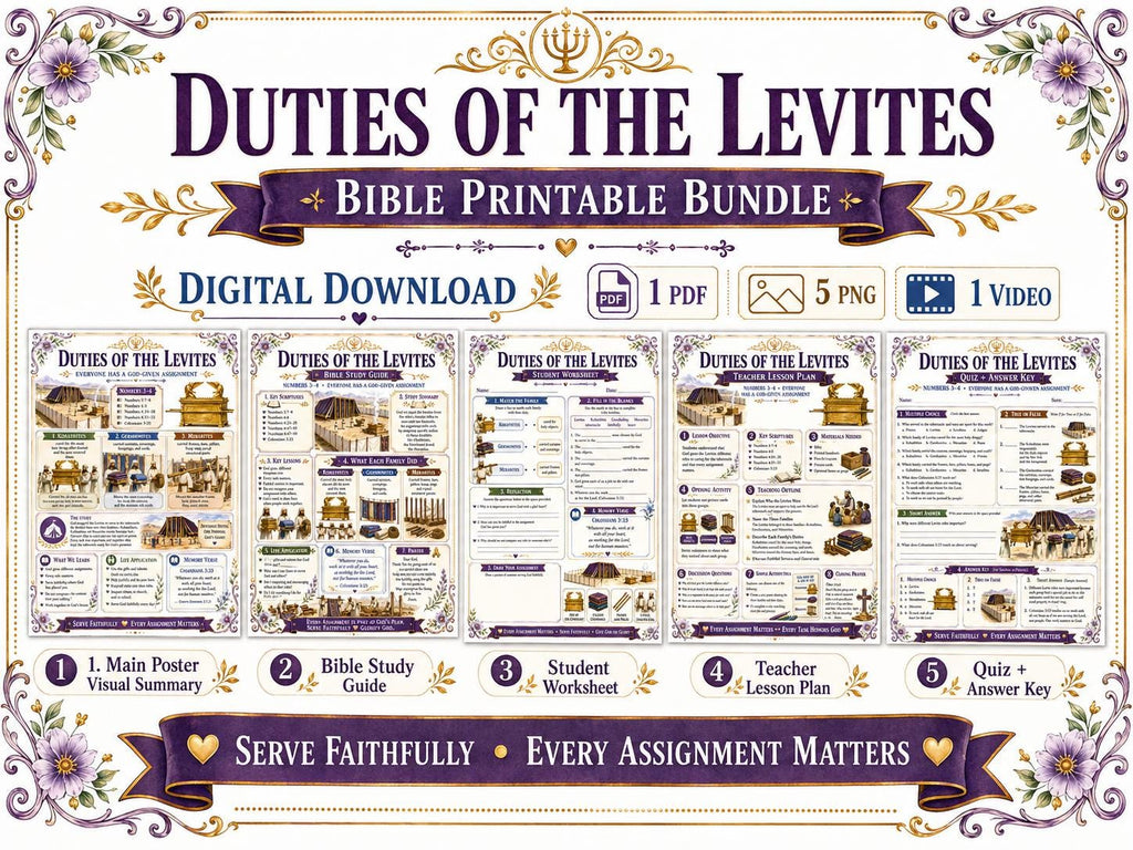 Duties of the Levites Bible Study Bundle, Numbers 3–4 Poster, Worksheet, Teacher Lesson, Guide, Quiz, (PDF PNG MP4 Downloads)