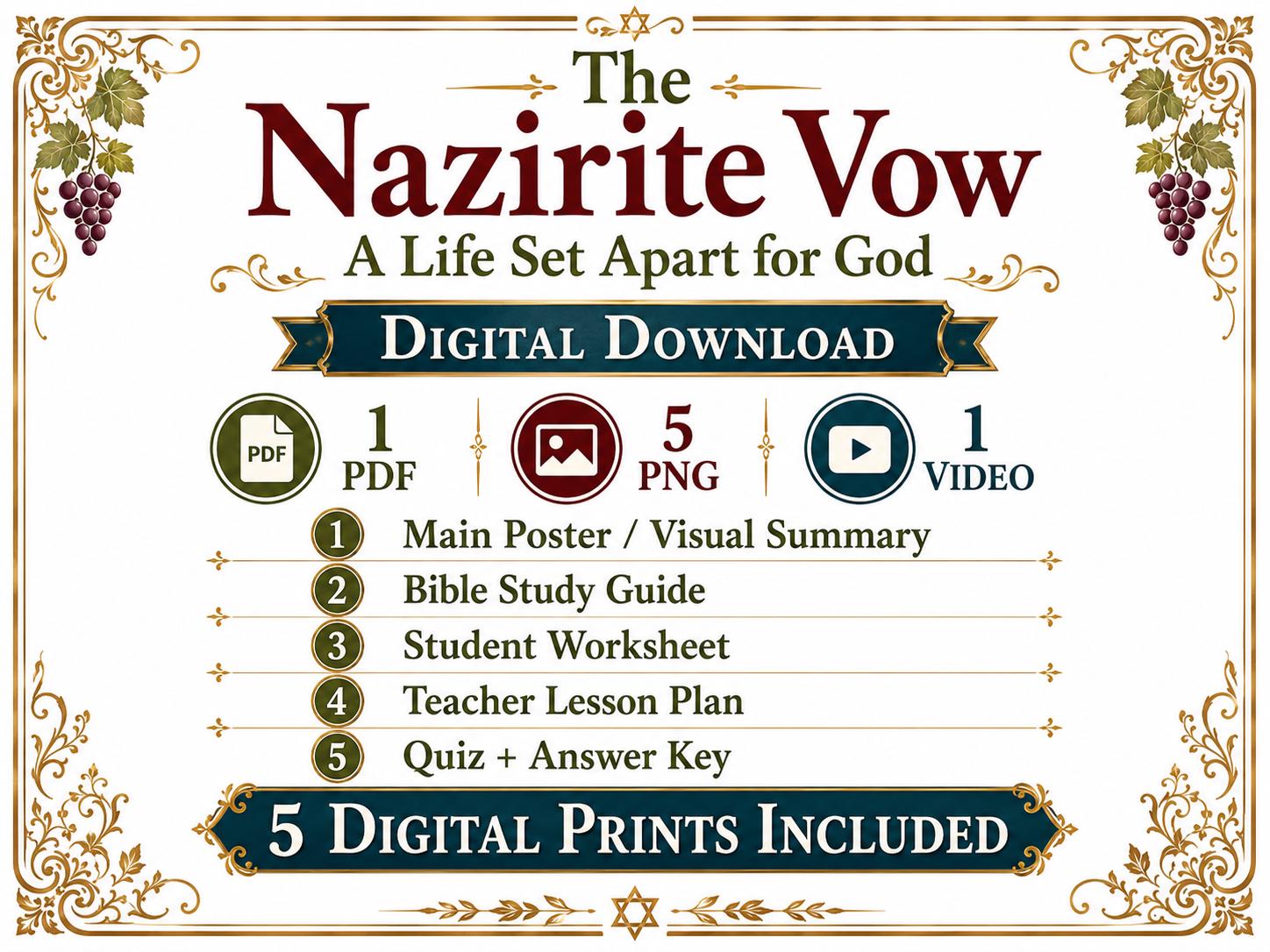 The Nazirite Vow Bible Study Bundle, Numbers 6 Poster, Worksheet, Teacher Lesson Plan, Study Guide, Quiz, (PDF PNG MP4 Downloads)