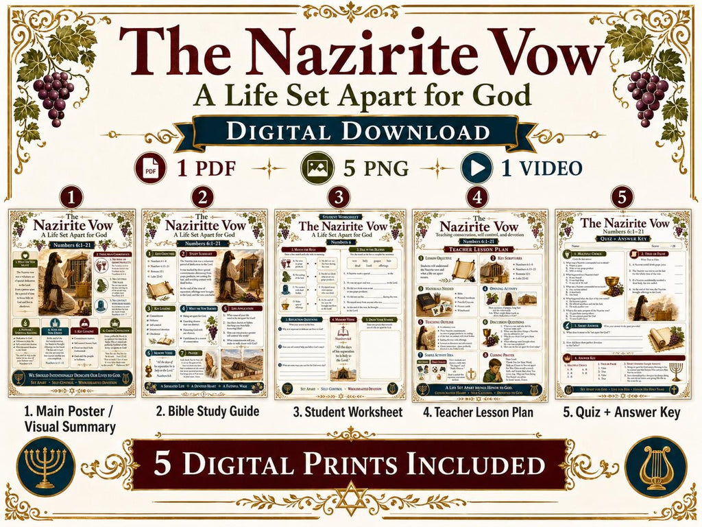 The Nazirite Vow Bible Study Bundle, Numbers 6 Poster, Worksheet, Teacher Lesson Plan, Study Guide, Quiz, (PDF PNG MP4 Downloads)