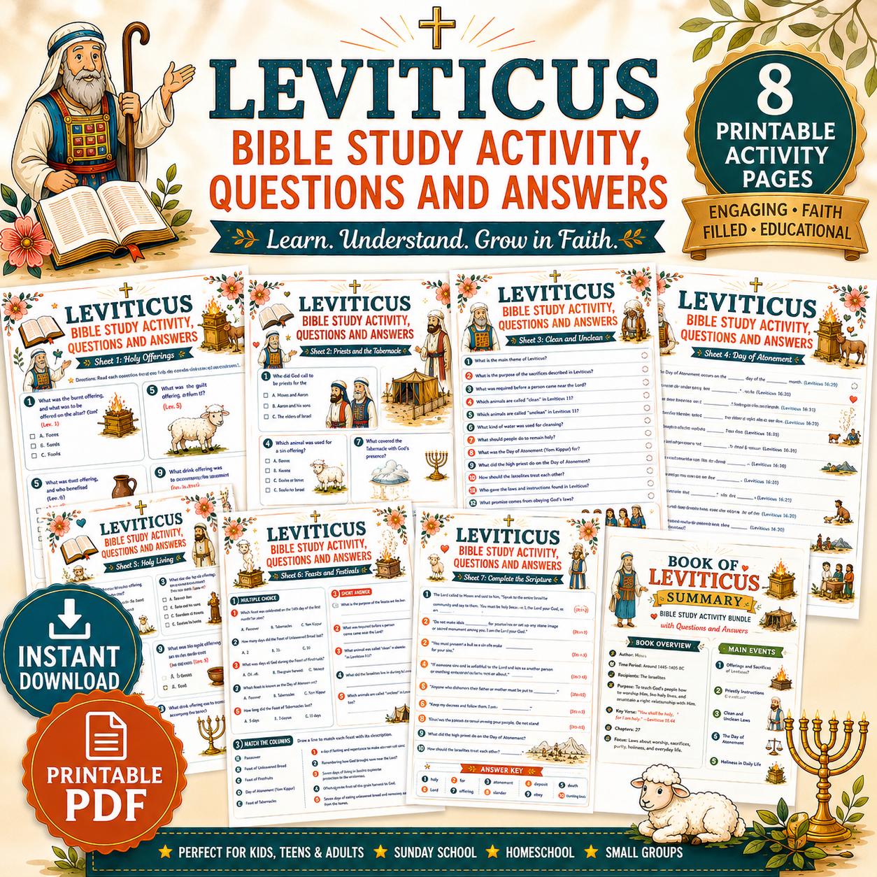 Leviticus Bible, Bible study, Bible activity Workbook, Bible worksheet, Bible quiz, printable PDF, download