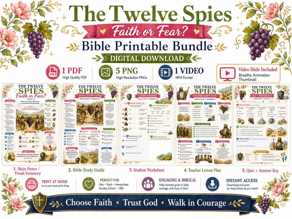 The Twelve Spies Bible Study Bundle, Faith or Fear Poster, Worksheet, Teacher Lesson Plan, Guide, Quiz, (PDF PNG MP4 Downloads)