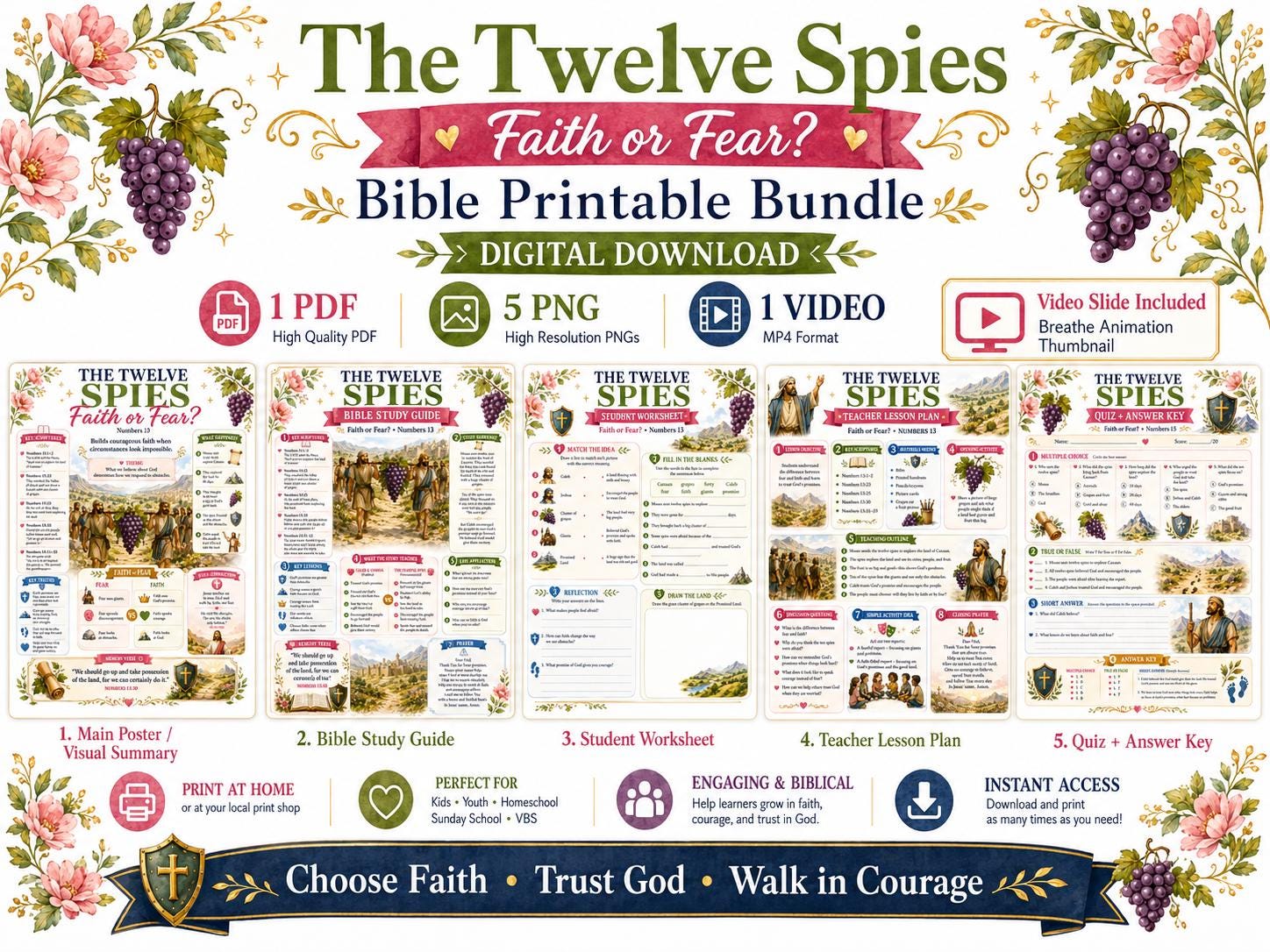 The Twelve Spies Bible Study Bundle, Faith or Fear Poster, Worksheet, Teacher Lesson Plan, Guide, Quiz, (PDF PNG MP4 Downloads)