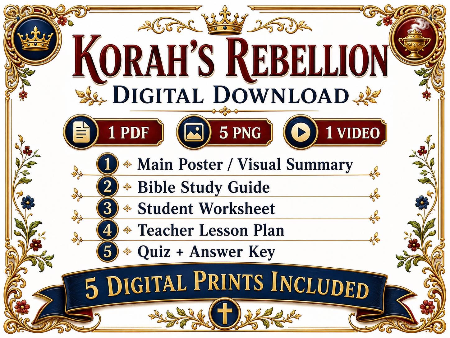 Korah’s Rebellion Bible Study Bundle, Respect God’s Order, Poster, Worksheet, Teacher Lesson, Guide, Quiz, (PDF PNG MP4 Downloads0
