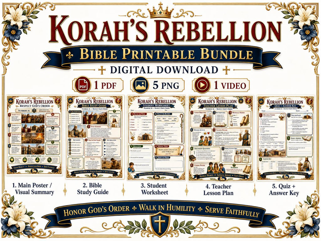 Korah’s Rebellion Bible Study Bundle, Respect God’s Order, Poster, Worksheet, Teacher Lesson, Guide, Quiz, (PDF PNG MP4 Downloads0