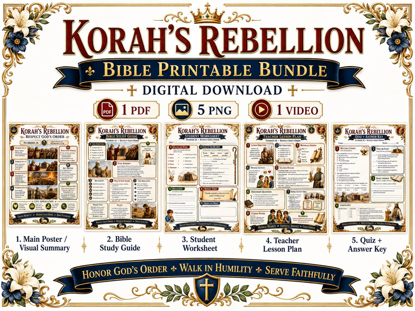 Korah’s Rebellion Bible Study Bundle, Respect God’s Order, Poster, Worksheet, Teacher Lesson, Guide, Quiz, (PDF PNG MP4 Downloads0