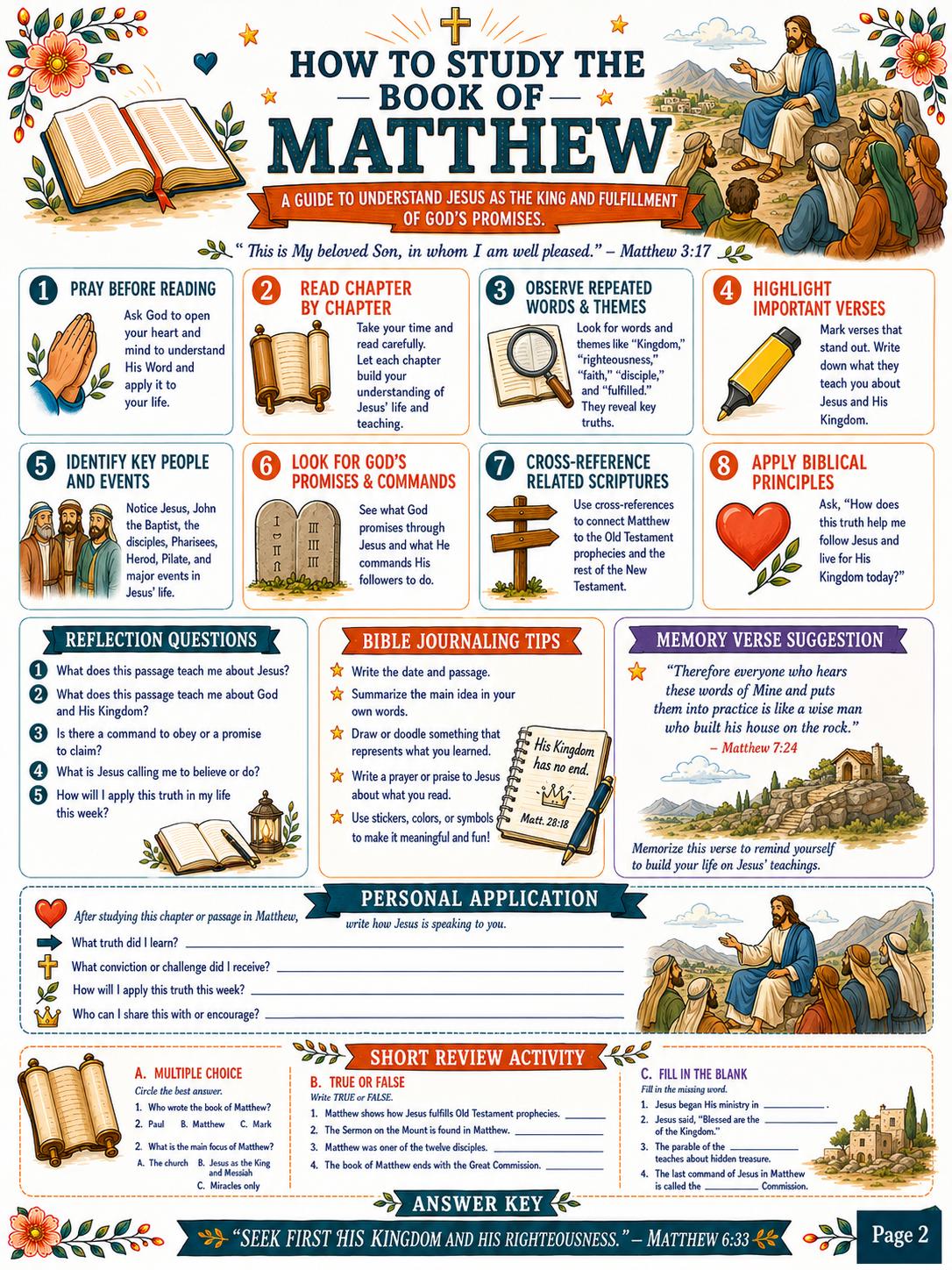 Book of Matthew Bible Study Activity Workbook, Questions and Answers, , Gospel of Matthew Worksheets, Sunday School Printable PDF  Bundle