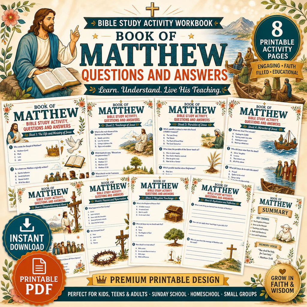 Book of Matthew Bible Study Activity Workbook, Questions and Answers, , Gospel of Matthew Worksheets, Sunday School Printable PDF  Bundle