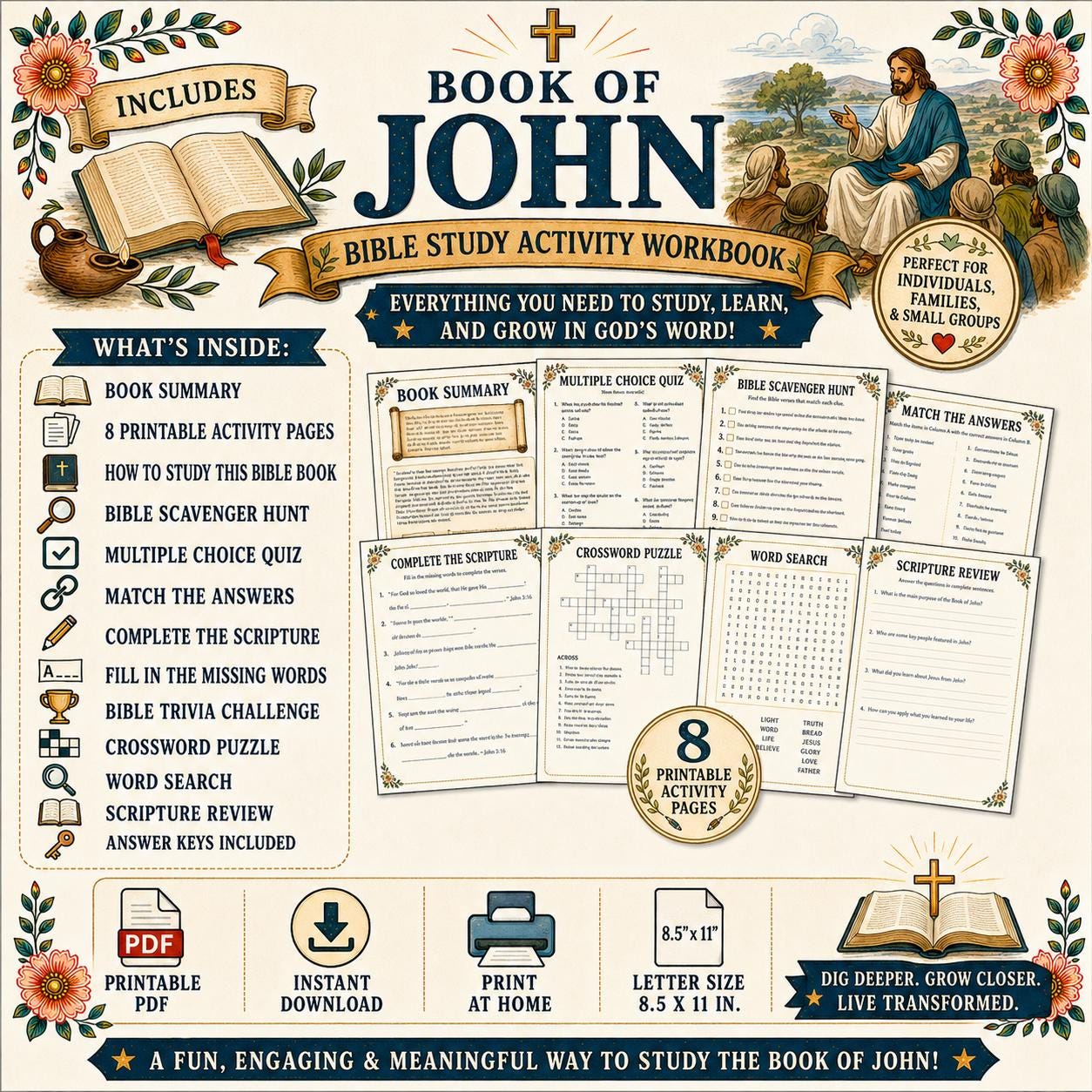 Book of John Bible Study Activity Workbook, Printable Christian Worksheets, Gospel of John  Bible Lessons, PDF Download with Answer Keys