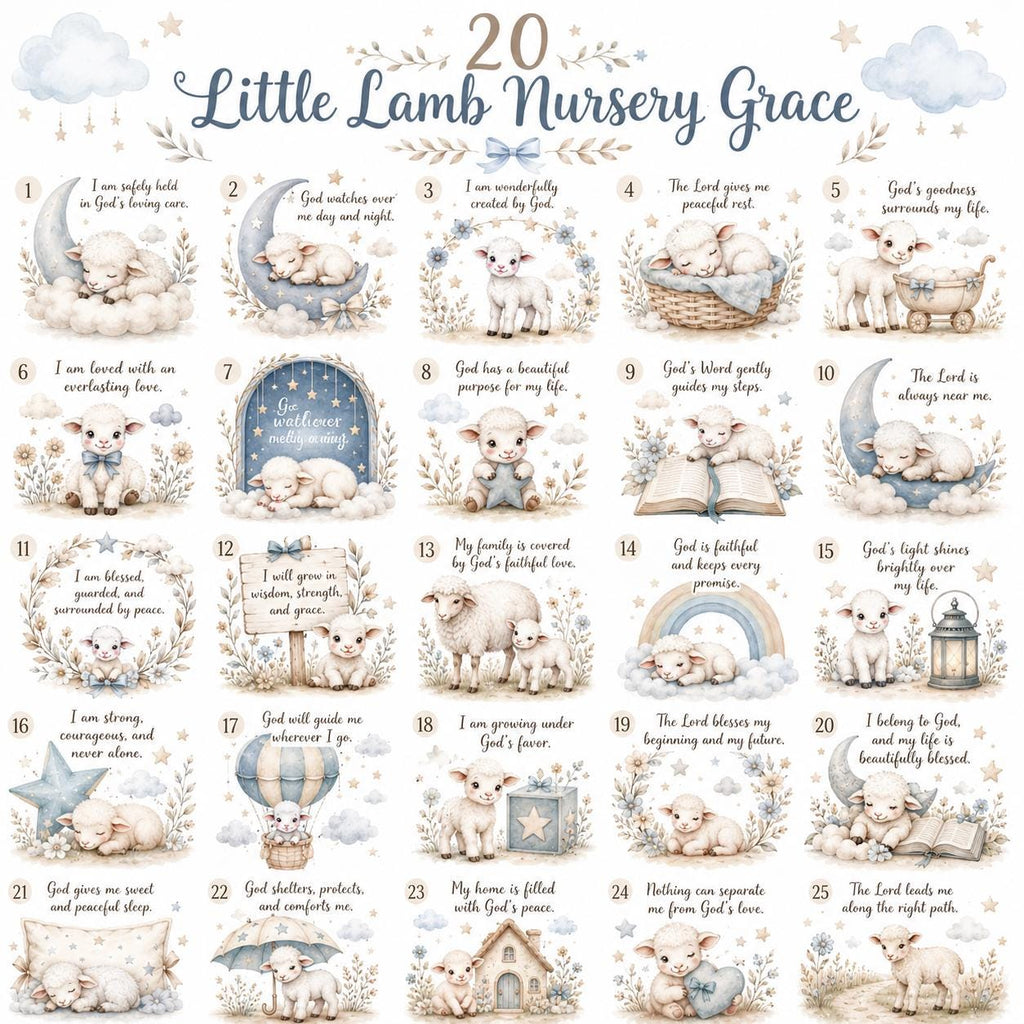 20 Little Lamb Nursery Grace PNG Bundle, Christian Baby Lamb Clipart, Bible Declaration Nursery Art, Baby Shower Digital Download