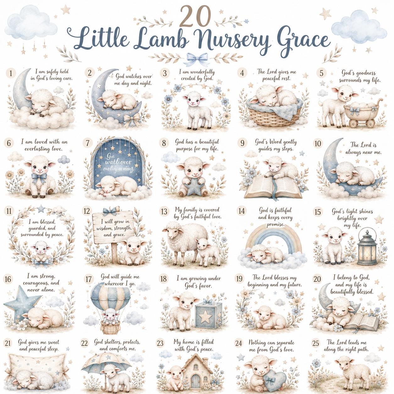 20 Little Lamb Nursery Grace PNG Bundle, Christian Baby Lamb Clipart, Bible Declaration Nursery Art, Baby Shower Digital Download