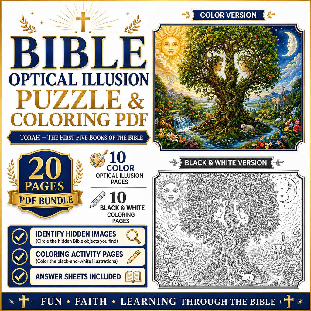 Bible Torah Optical Illusion Puzzle & Coloring Book PDF,  Hidden Picture Activity, Sunday School Printable, 20-Page Digital Download