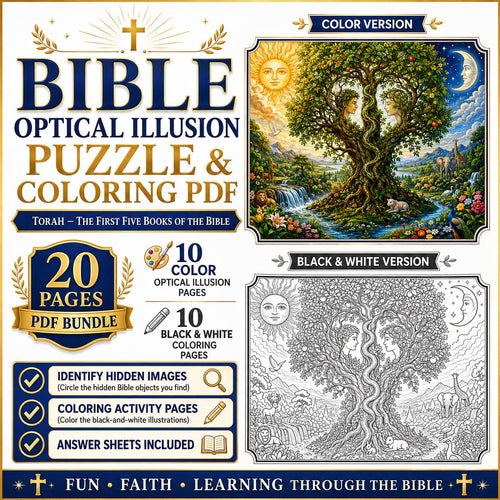 Bible Torah Optical Illusion Puzzle & Coloring Book PDF,  Hidden Picture Activity, Sunday School Printable, 20-Page Digital Download