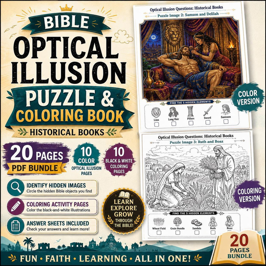 Bible Historical Books Optical Illusion Puzzle & Coloring Book PDF,  Hidden Picture Activity, Sunday School Printable, 20 Page Bundle