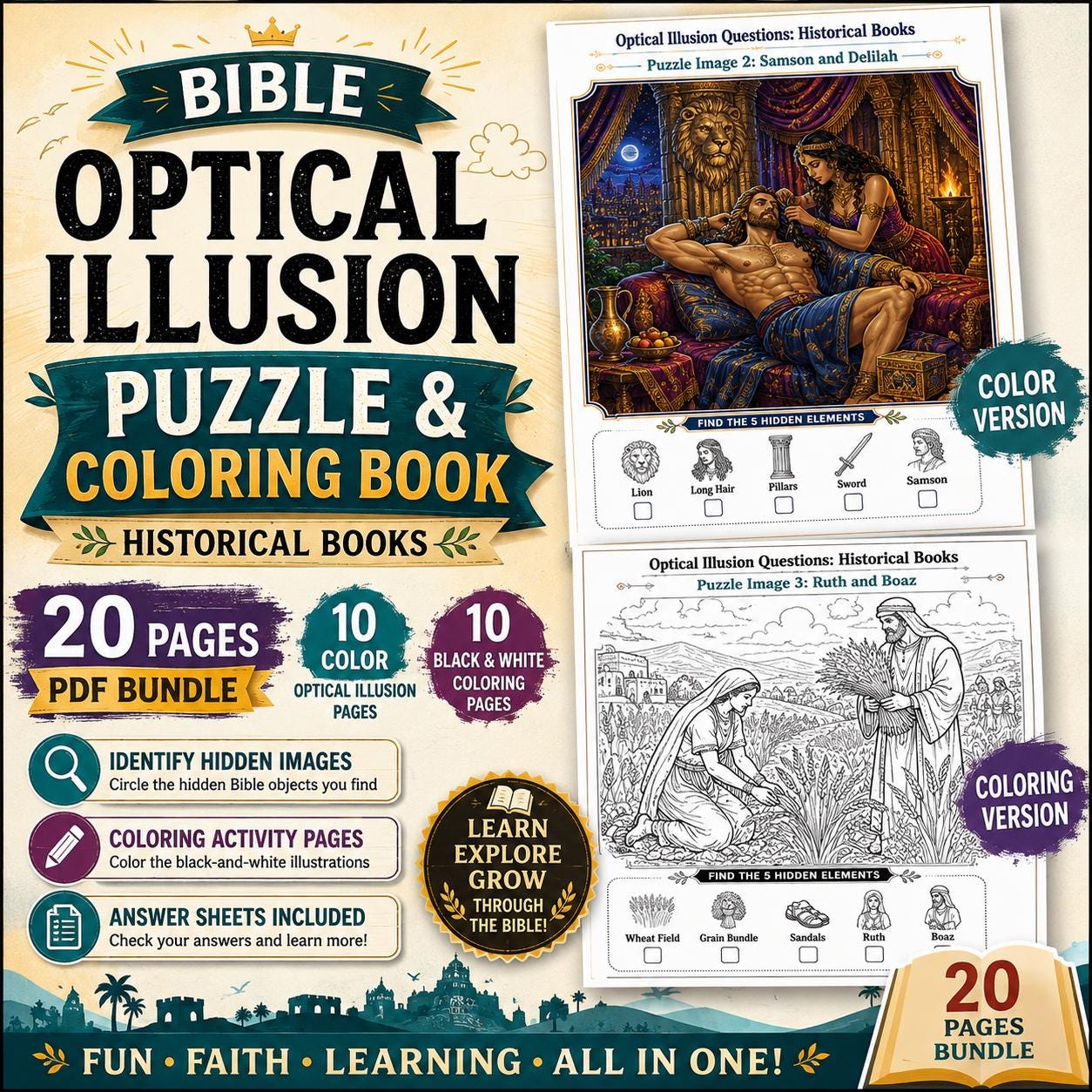 Bible Historical Books Optical Illusion Puzzle & Coloring Book PDF,  Hidden Picture Activity, Sunday School Printable, 20 Page Bundle