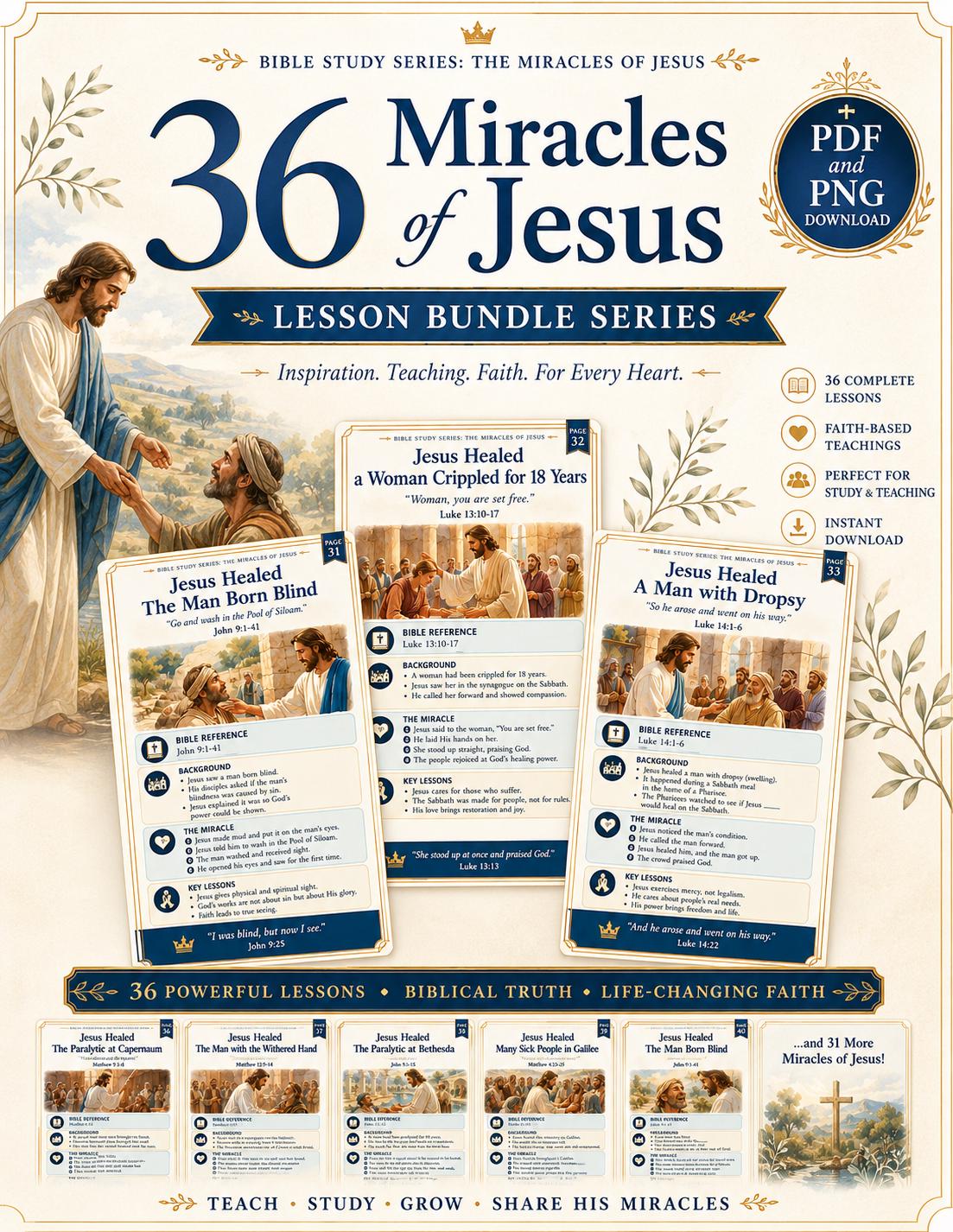 36 Miracles of Jesus Bundle Series, Bible Study Printable, Christian Lesson Posters, Sunday School (PDF and PNG Digital Download)