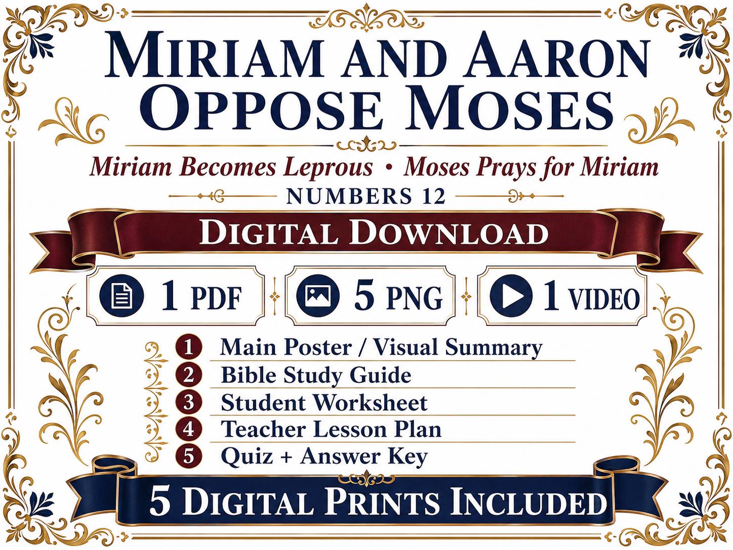 Miriam and Aaron Oppose Moses Bible Study Bundle, Numbers 12 Poster, Worksheet, Teacher Lesson, Guide, Quiz, (PDF PNG MP4 Download)