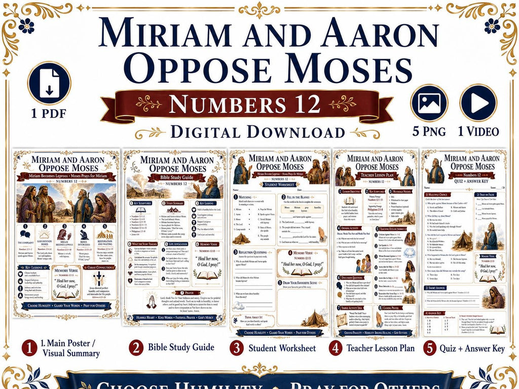 Miriam and Aaron Oppose Moses Bible Study Bundle, Numbers 12 Poster, Worksheet, Teacher Lesson, Guide, Quiz, (PDF PNG MP4 Download)
