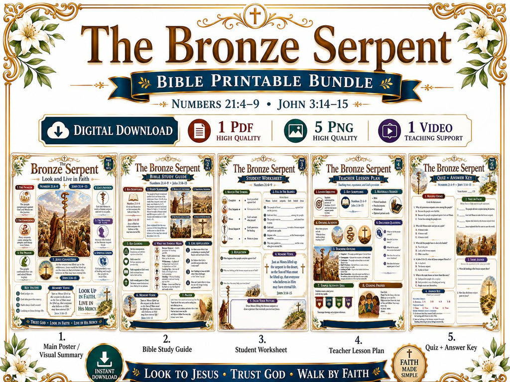 The Bronze Serpent Bible Study Bundle, Poster, Worksheet, Teacher Lesson, Study Guide, Quiz, PDF PNG MP4 Downloads