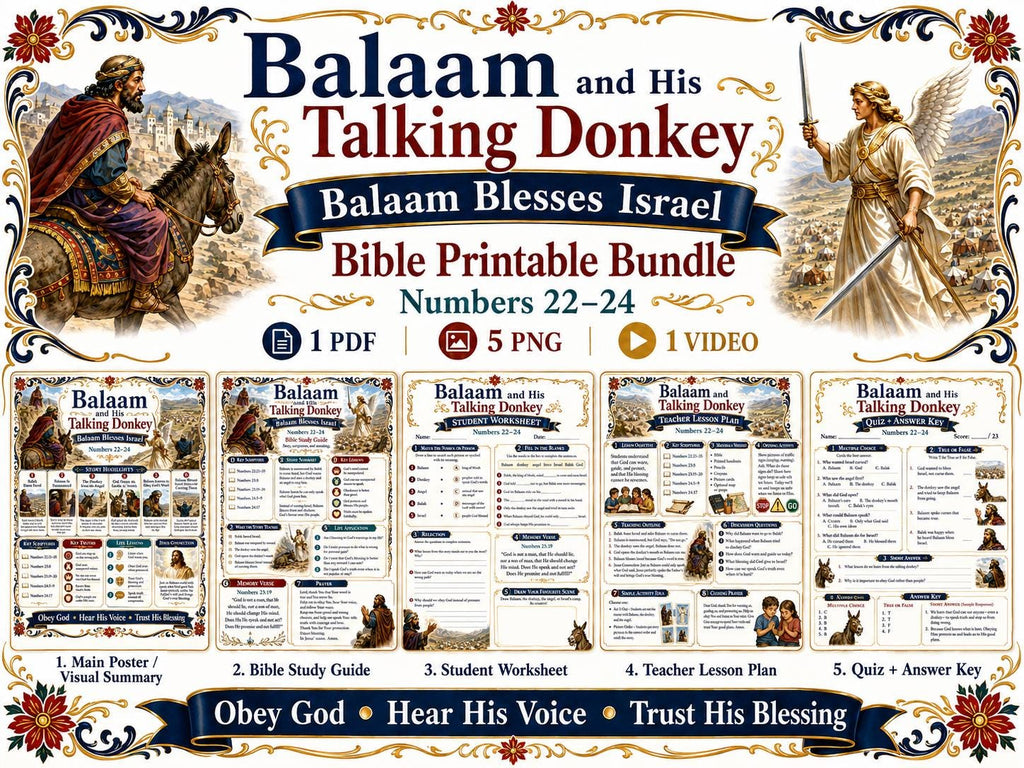 Balaam and His Talking Donkey Bible Study Bundle, Balaam Blesses Israel Poster, Worksheet, Teacher Lesson, Guide, Quiz, (PDF PNG MP4)