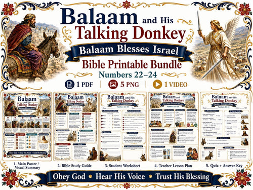 Balaam and His Talking Donkey Bible Study Bundle, Balaam Blesses Israel Poster, Worksheet, Teacher Lesson, Guide, Quiz, (PDF PNG MP4)