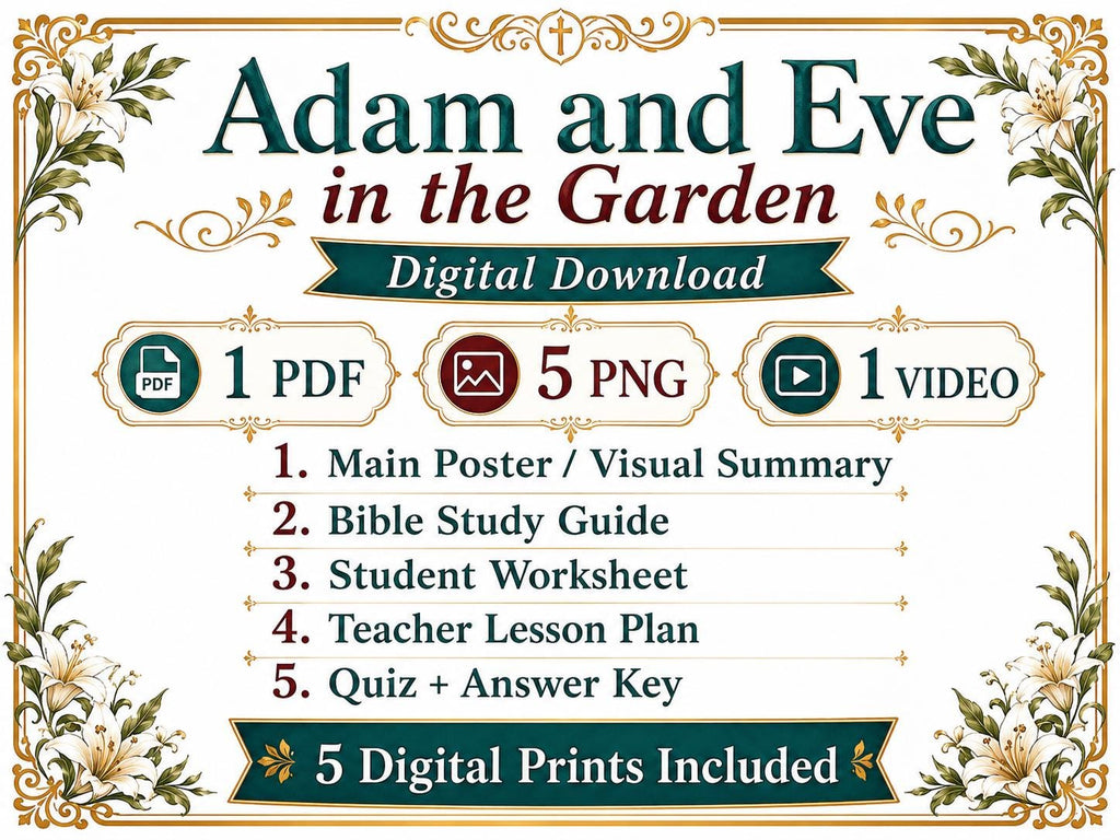 Adam and Eve in the Garden Bible Study Bundle, Genesis 2–3 Poster, Worksheet, Teacher Lesson, Guide, Quiz, (PDF PNG MP4 Downloads)