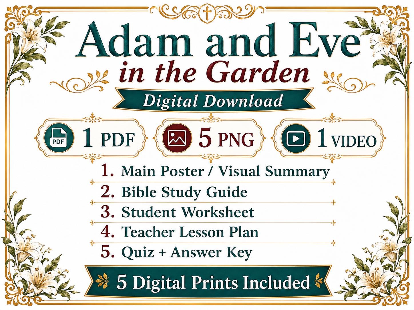 Adam and Eve in the Garden Bible Study Bundle, Genesis 2–3 Poster, Worksheet, Teacher Lesson, Guide, Quiz, (PDF PNG MP4 Downloads)