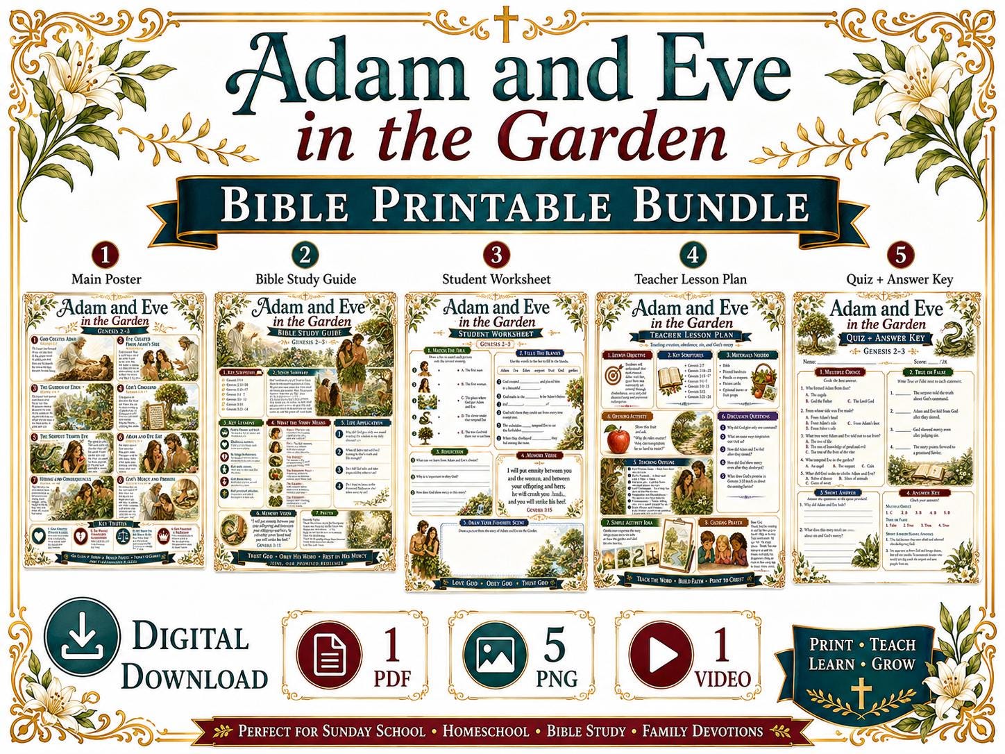 Adam and Eve in the Garden Bible Study Bundle, Genesis 2–3 Poster, Worksheet, Teacher Lesson, Guide, Quiz, (PDF PNG MP4 Downloads)