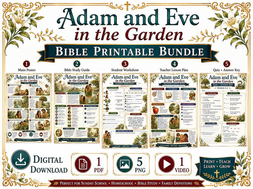 Adam and Eve in the Garden Bible Study Bundle, Genesis 2–3 Poster, Worksheet, Teacher Lesson, Guide, Quiz, (PDF PNG MP4 Downloads)