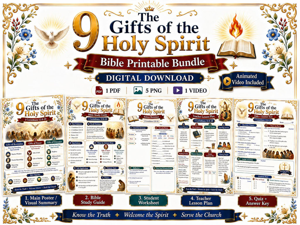 Nine Gifts of the Holy Spirit Bible Study Bundle, Spiritual Gifts Poster, Worksheet, Teacher Lesson, Study Guide, Quiz, (PDF PNG MP4)