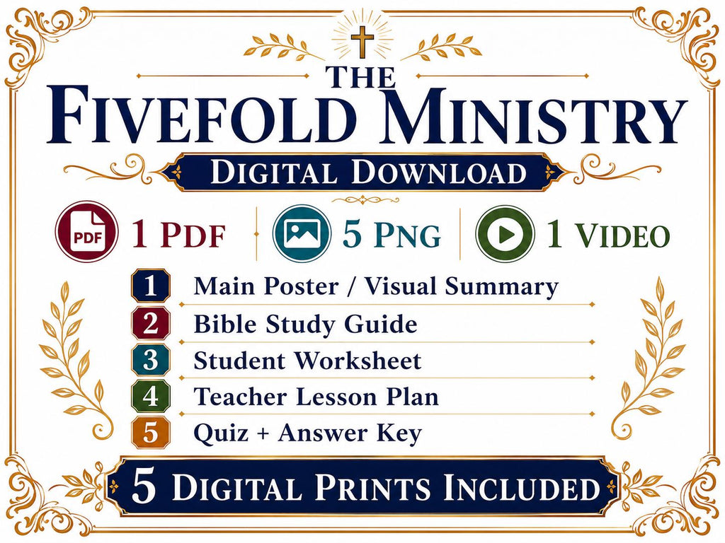 The Fivefold Ministry Bible Study Bundle, Apostle Prophet Evangelist Pastor Teacher Poster, Worksheet, Lesson Guide, Quiz, (PDF PNG MP4)