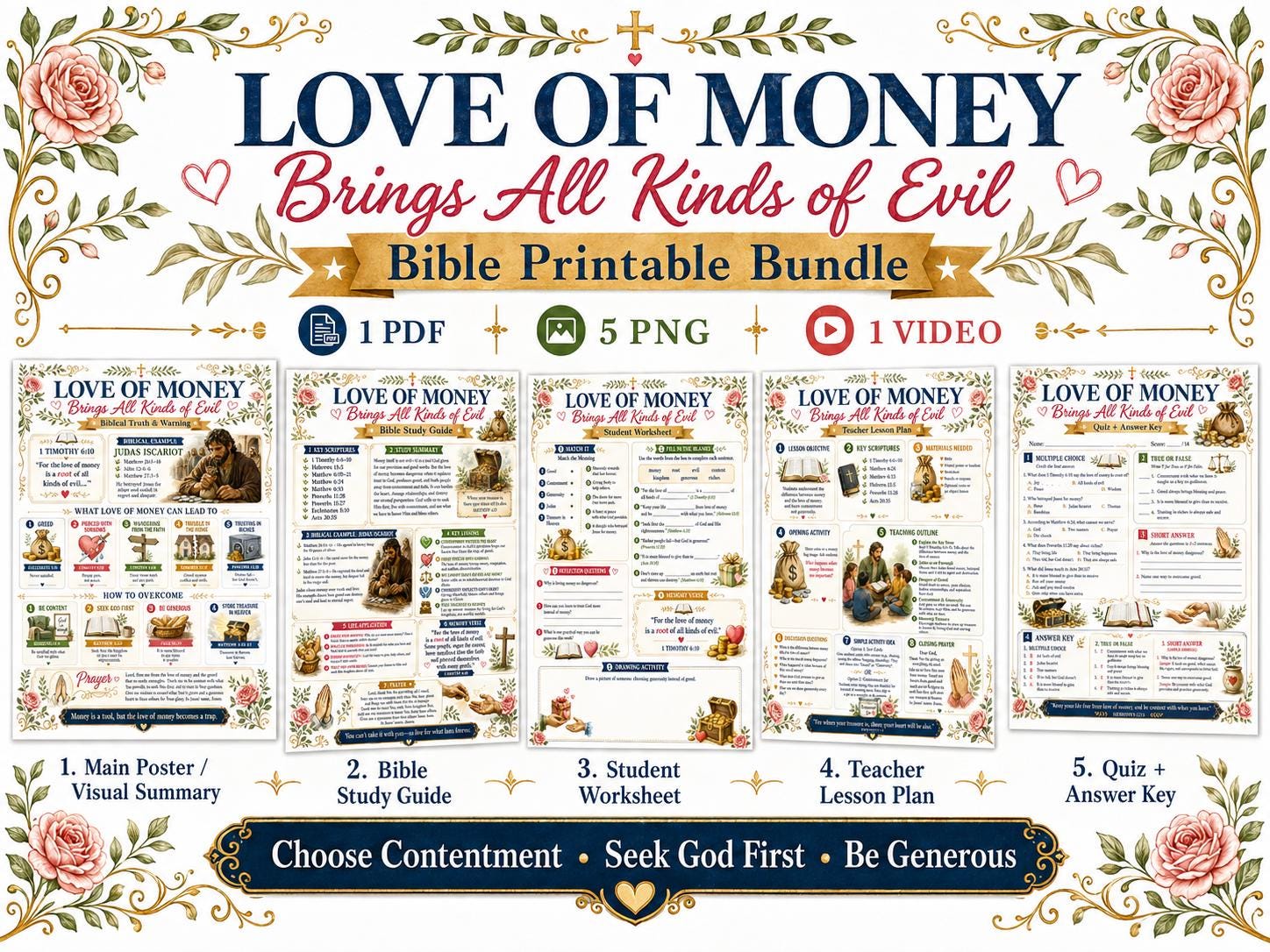 Love of Money Bible Study Bundle, Biblical Truth Poster, Student Worksheet, Teacher Lesson Plan, Quiz, Christian Printable (PDF PNG MP4)