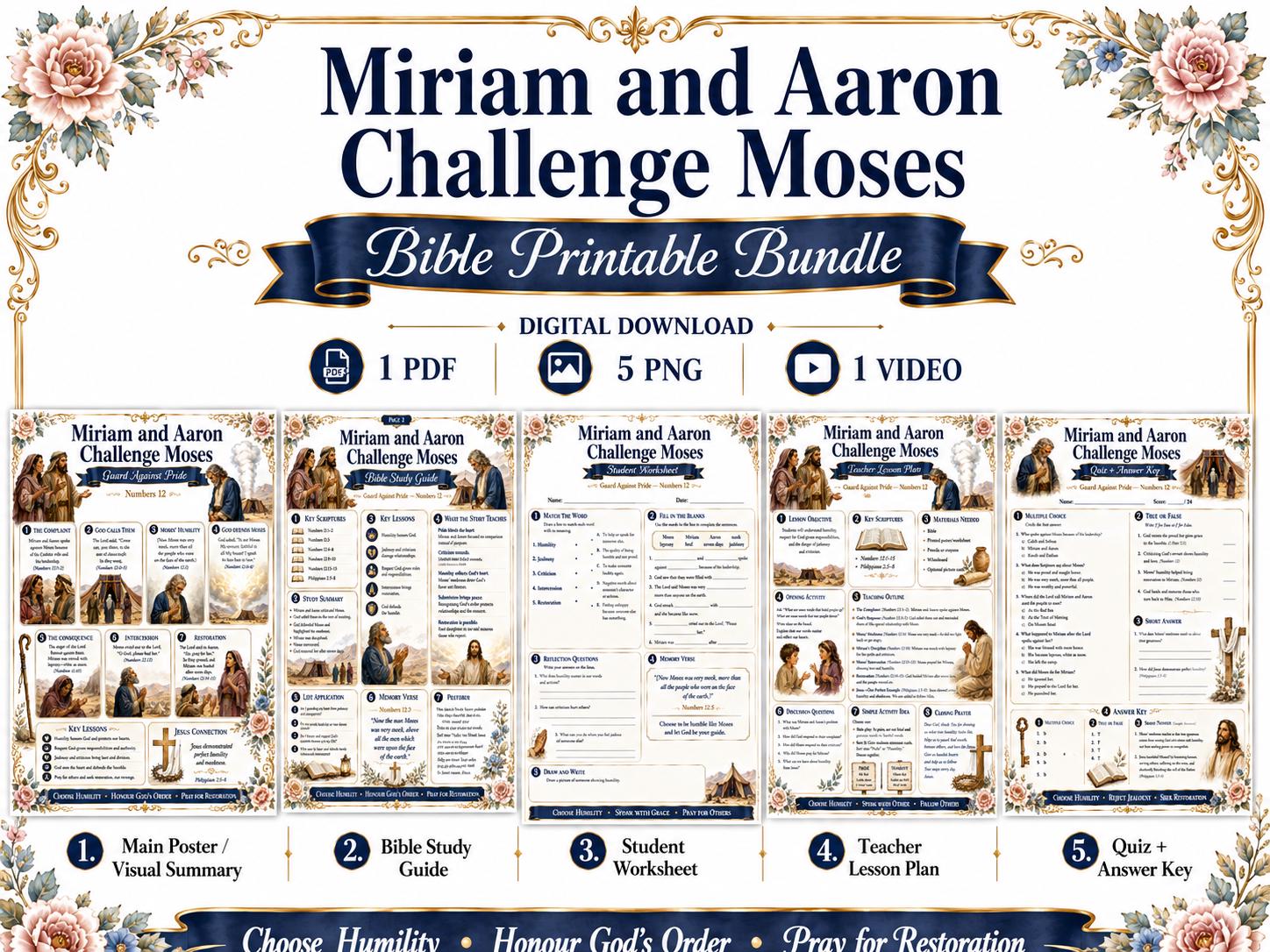 Miriam and Aaron Challenge Moses Bible Study Bundle, Guard Against Pride Poster, Worksheet, Teacher Lesson, Guide, Quiz, (PDF PNG MP4)