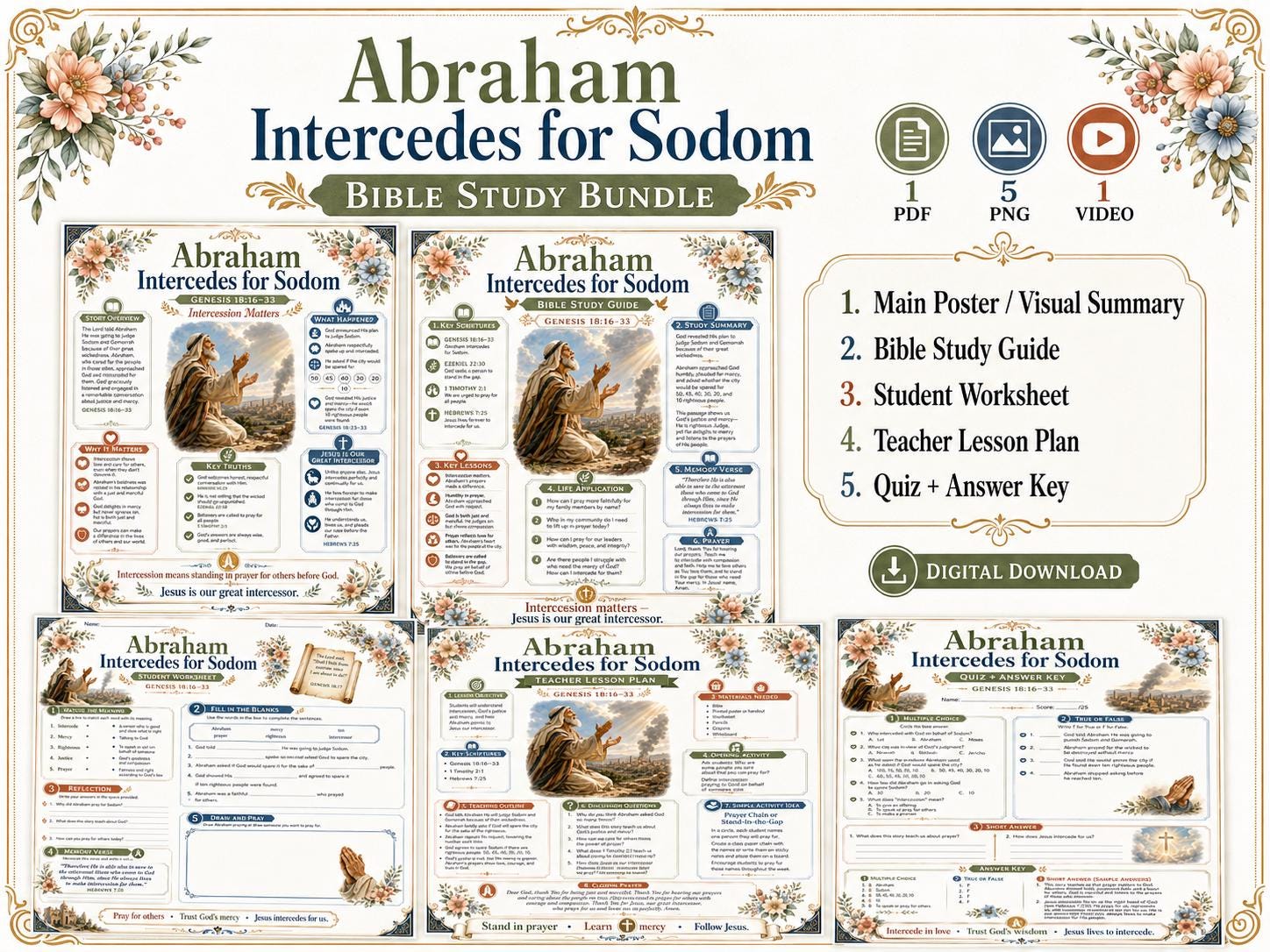 Abraham Intercedes for Sodom Bible Study Bundle, Genesis 18 Poster, Worksheet, Teacher Lesson, Guide, Quiz, (PDF PNG MP4 Downloads)