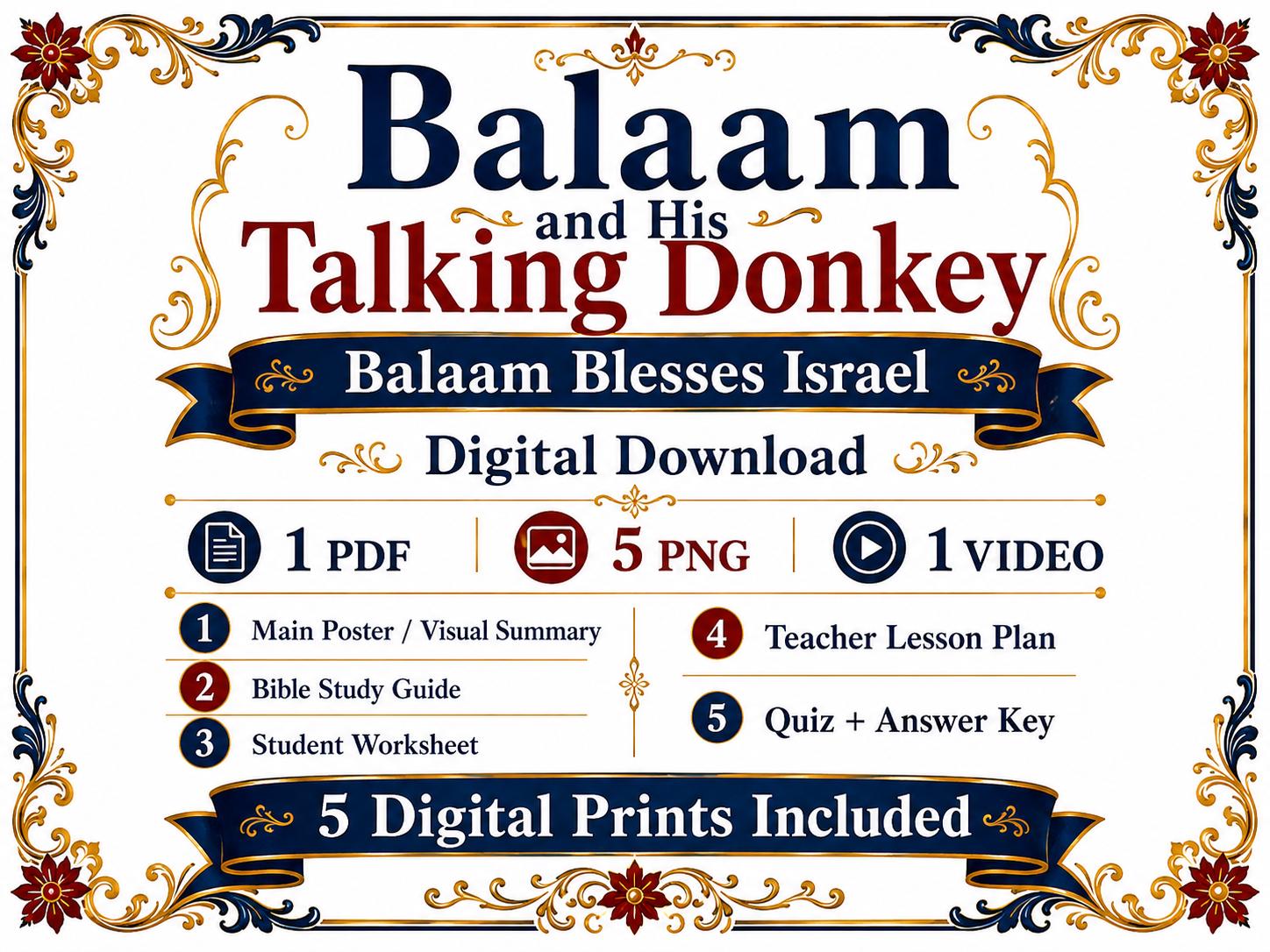 Balaam and His Talking Donkey Bible Study Bundle, Balaam Blesses Israel Poster, Worksheet, Teacher Lesson, Guide, Quiz, (PDF PNG MP4)