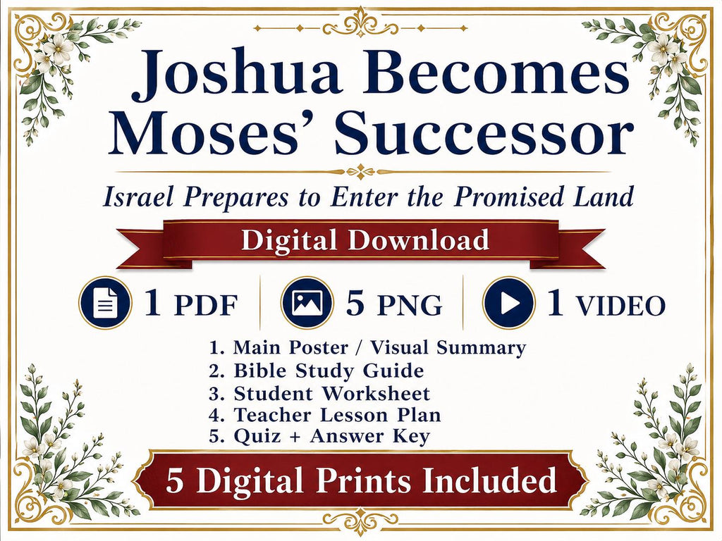 Joshua Becomes Moses’ Successor Bible Study Bundle, Promised Land Poster, Worksheet, Teacher Lesson, Guide, Quiz, (PDF PNG MP4 Download)