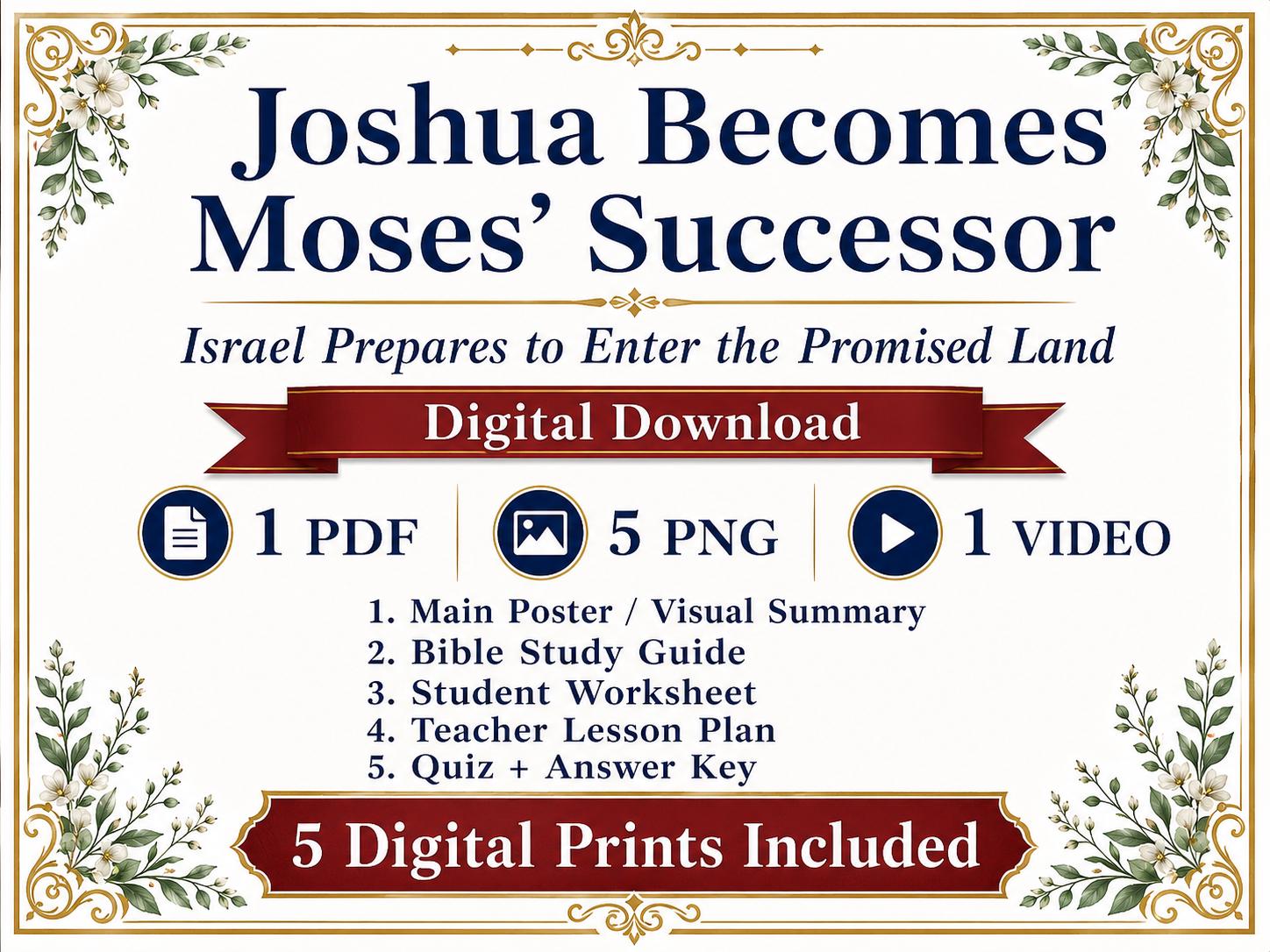 Joshua Becomes Moses’ Successor Bible Study Bundle, Promised Land Poster, Worksheet, Teacher Lesson, Guide, Quiz, (PDF PNG MP4 Download)