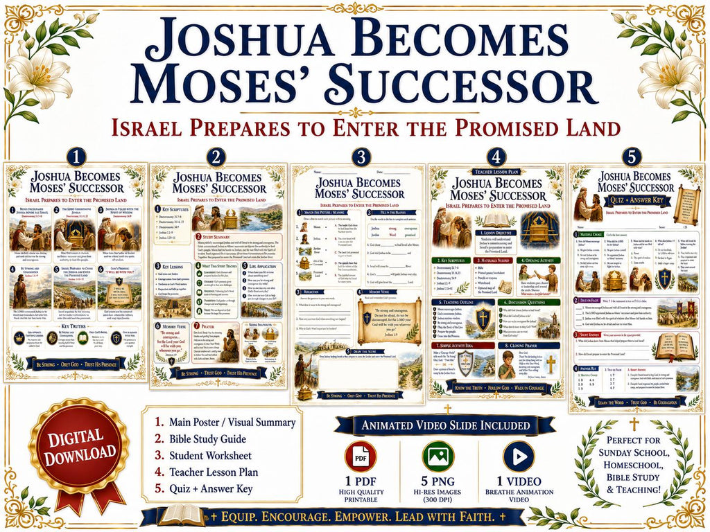 Joshua Becomes Moses’ Successor Bible Study Bundle, Promised Land Poster, Worksheet, Teacher Lesson, Guide, Quiz, (PDF PNG MP4 Download)