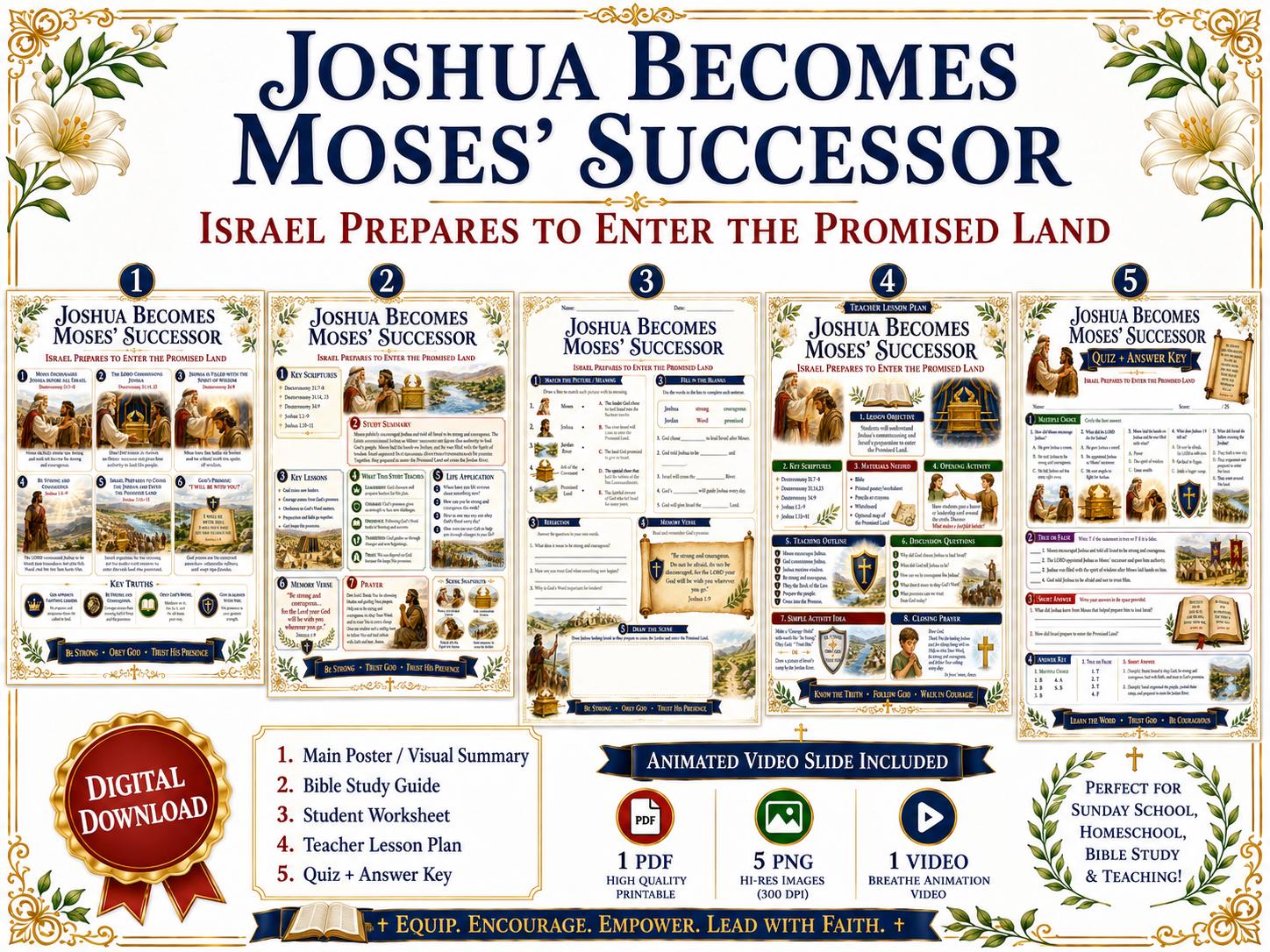 Joshua Becomes Moses’ Successor Bible Study Bundle, Promised Land Poster, Worksheet, Teacher Lesson, Guide, Quiz, (PDF PNG MP4 Download)