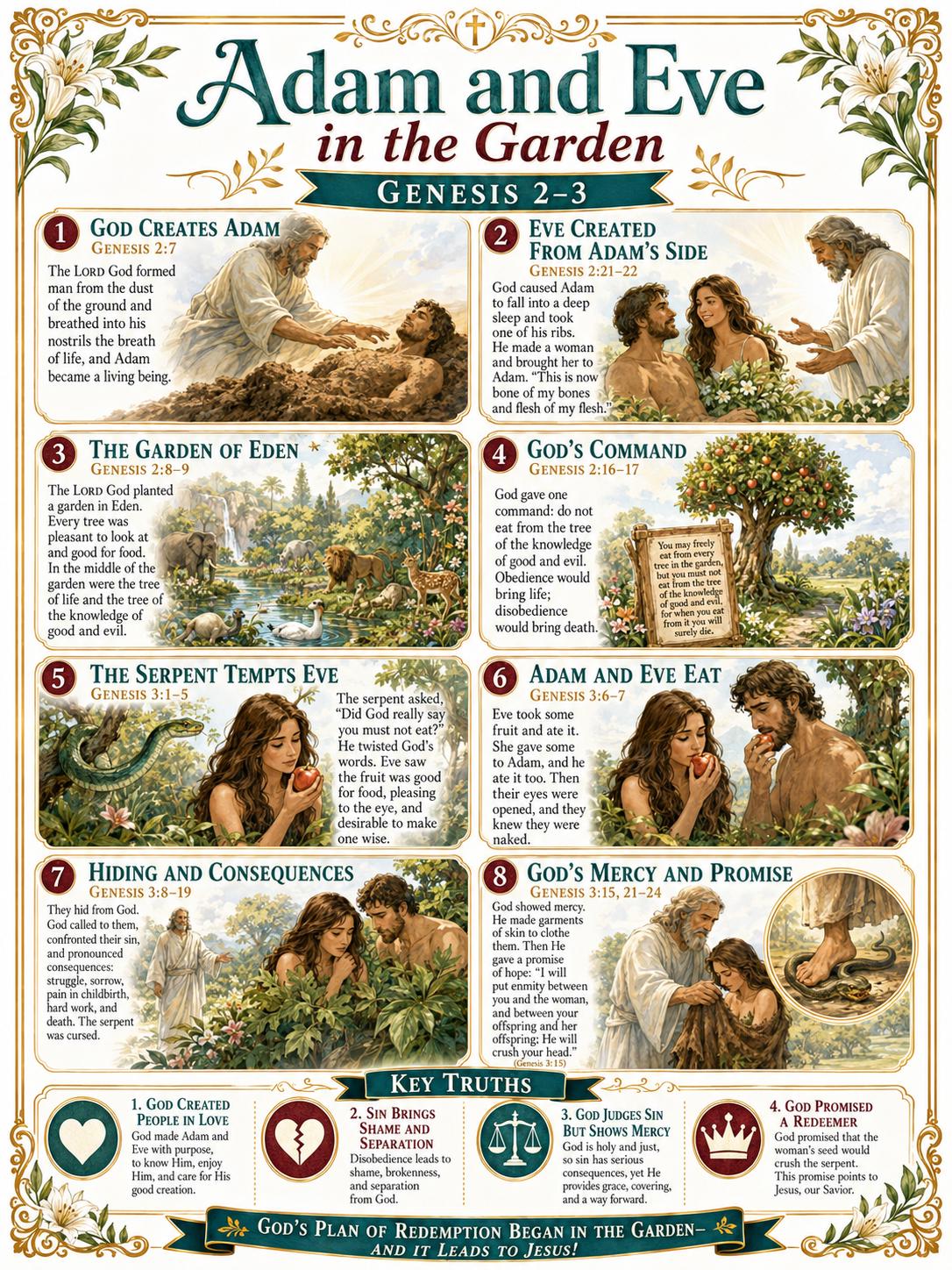 Adam and Eve in the Garden Bible Study Bundle, Genesis 2–3 Poster, Worksheet, Teacher Lesson, Guide, Quiz, (PDF PNG MP4 Downloads)